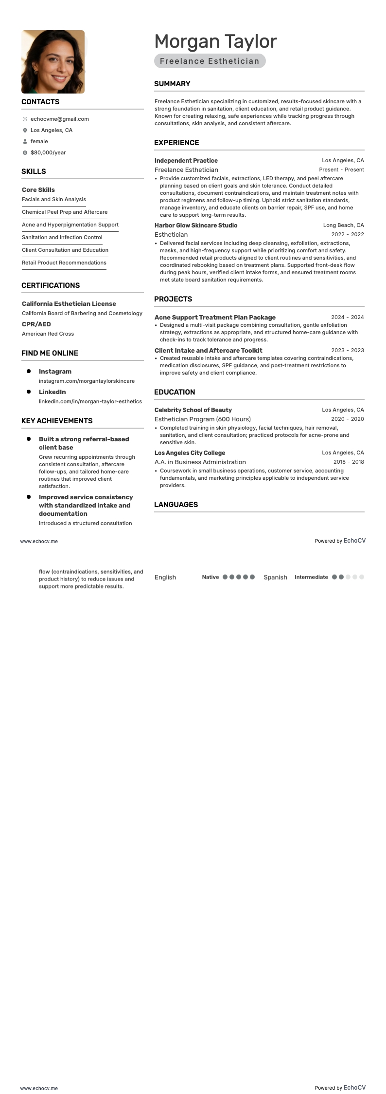 Esthetician resume example