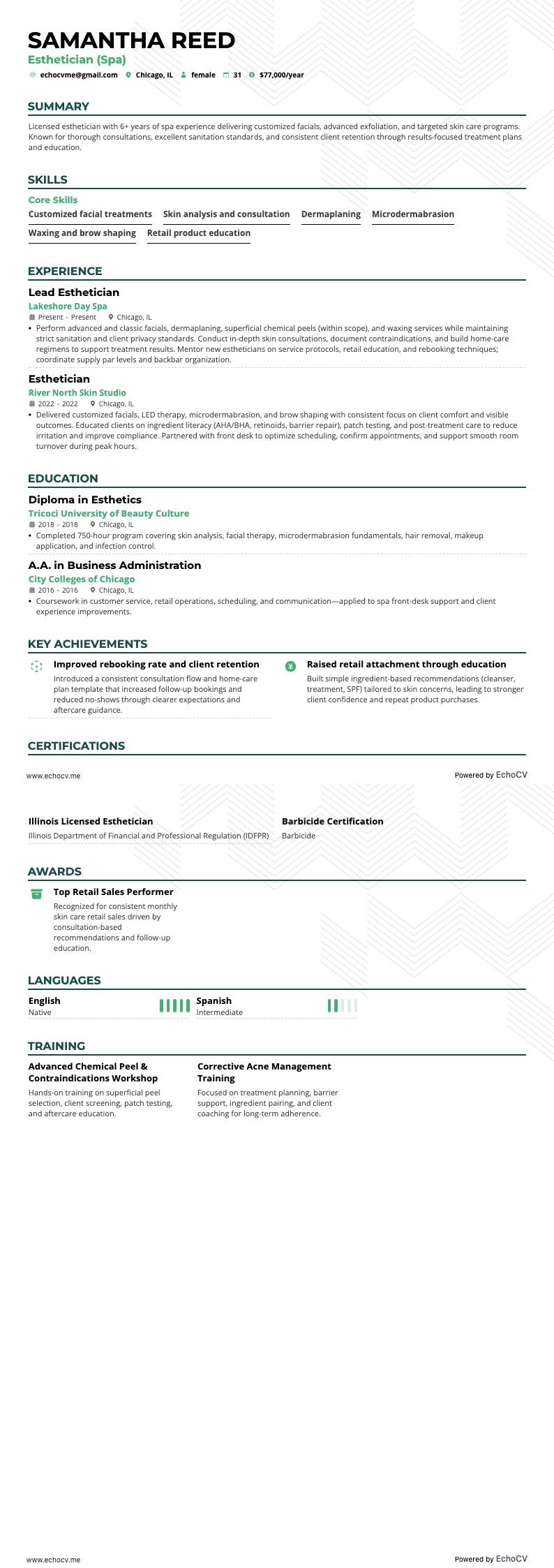 Esthetician Spa example resume