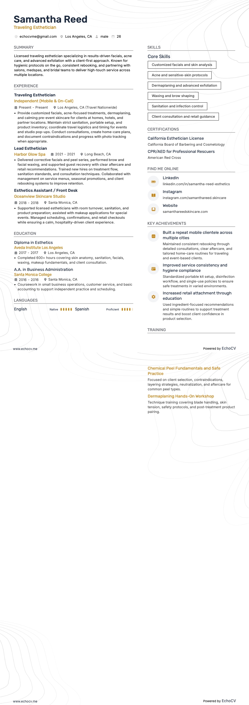 Traveling Esthetician example resume