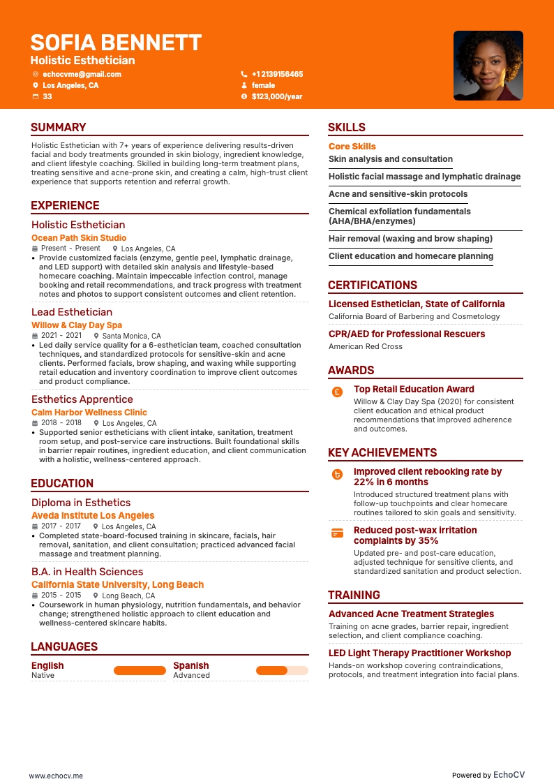 Holistic Esthetician example resume