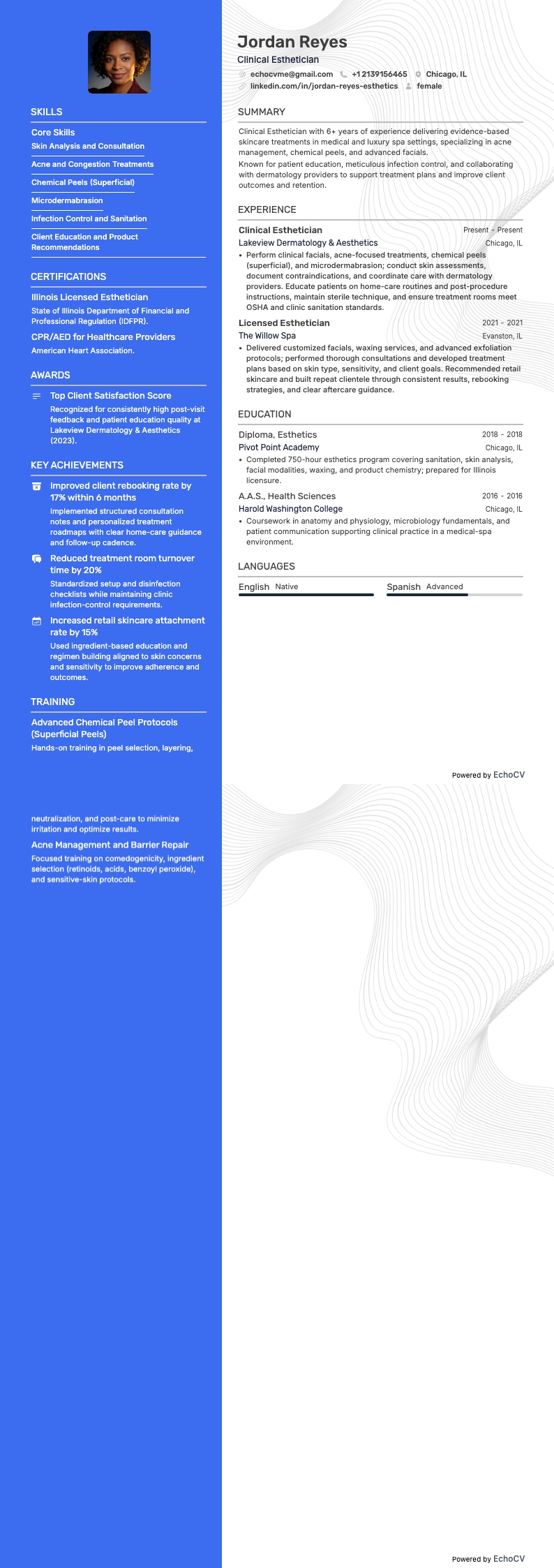 Clinical Esthetician example resume