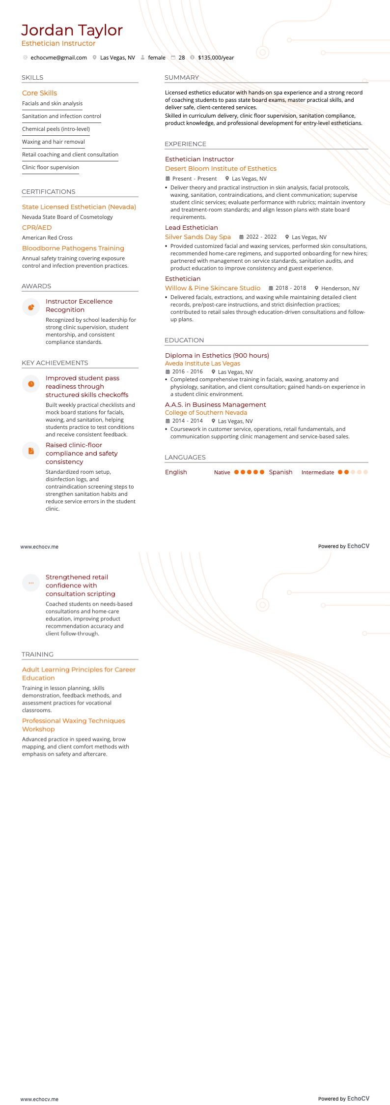 Esthetician Instructor example resume