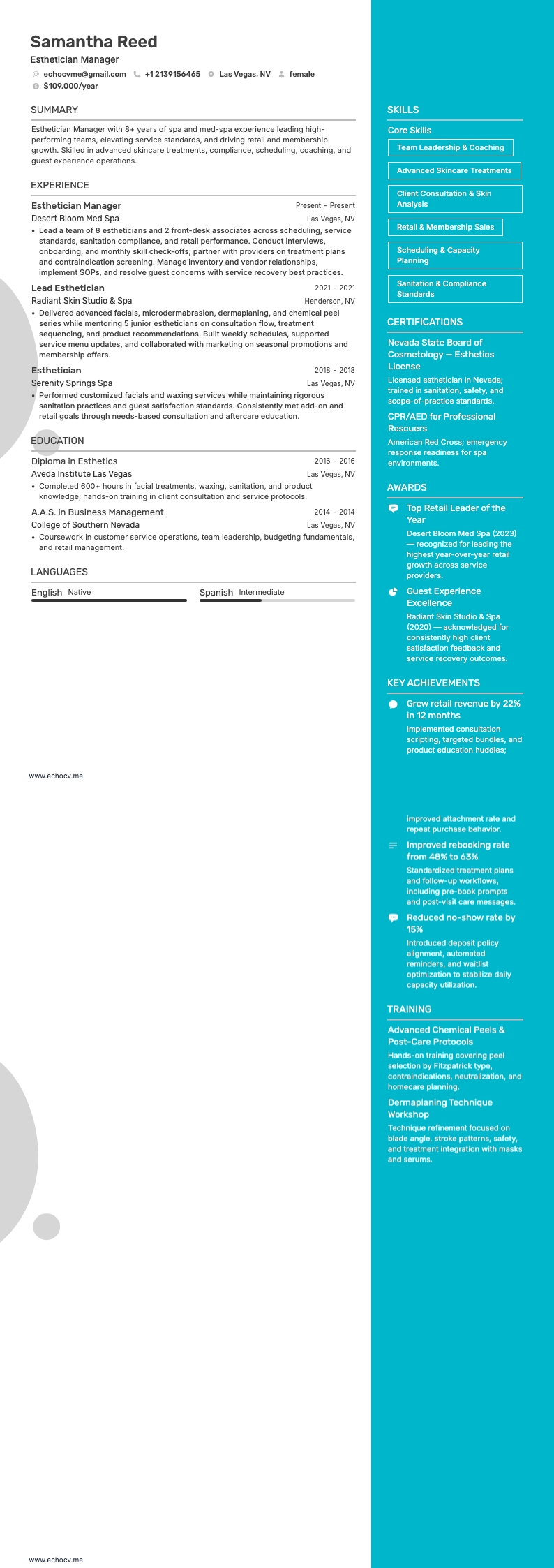 Esthetician Manager example resume