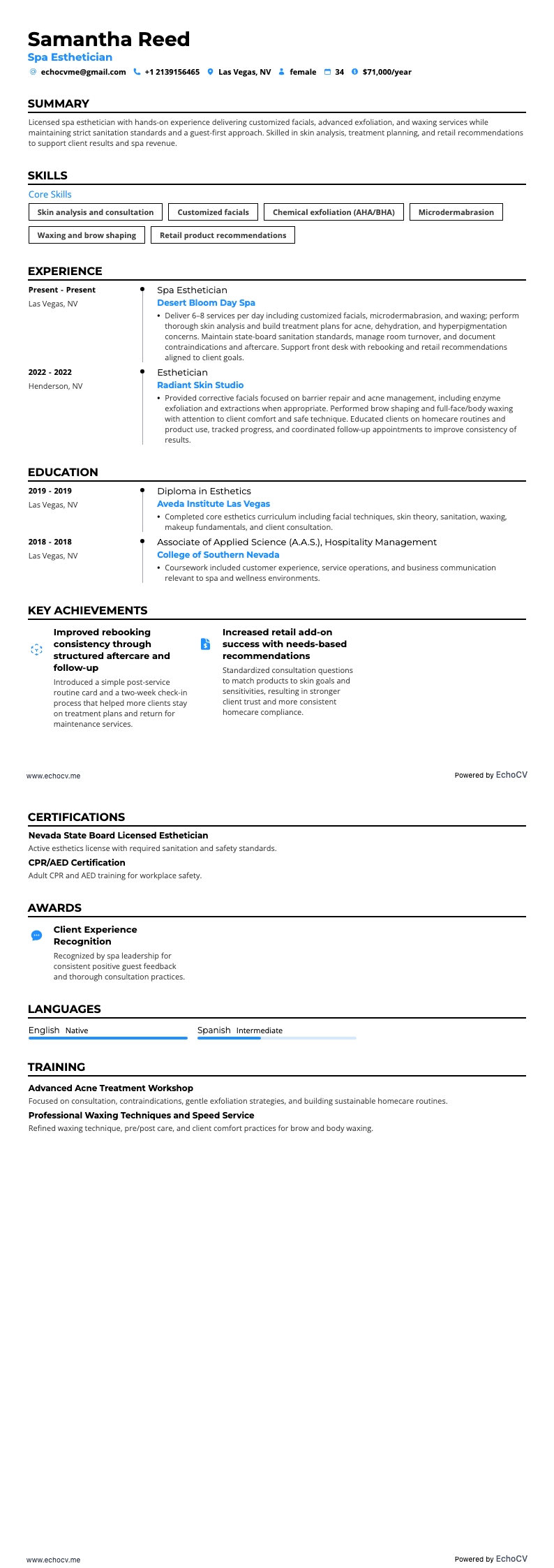 Spa Esthetician example resume