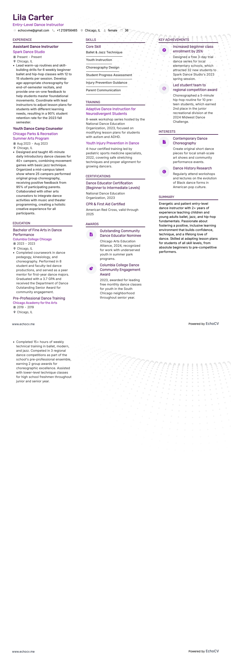 Instrutor de dança júnior example resume