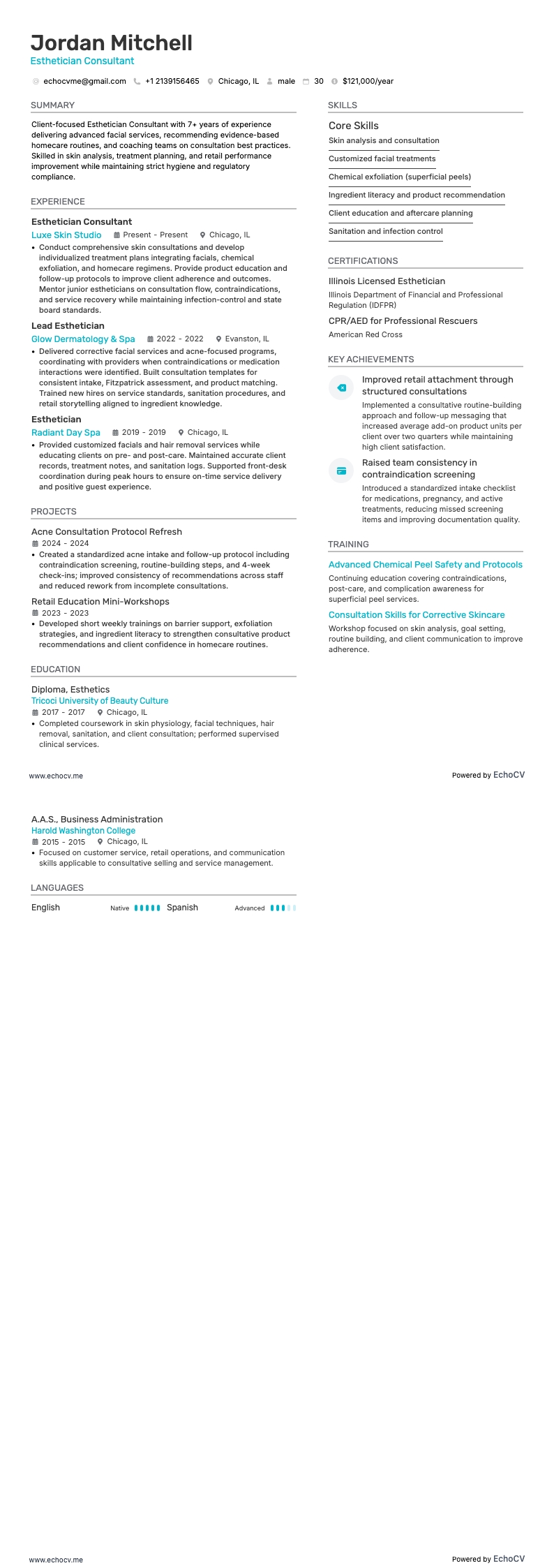Esthetician Consultant example resume