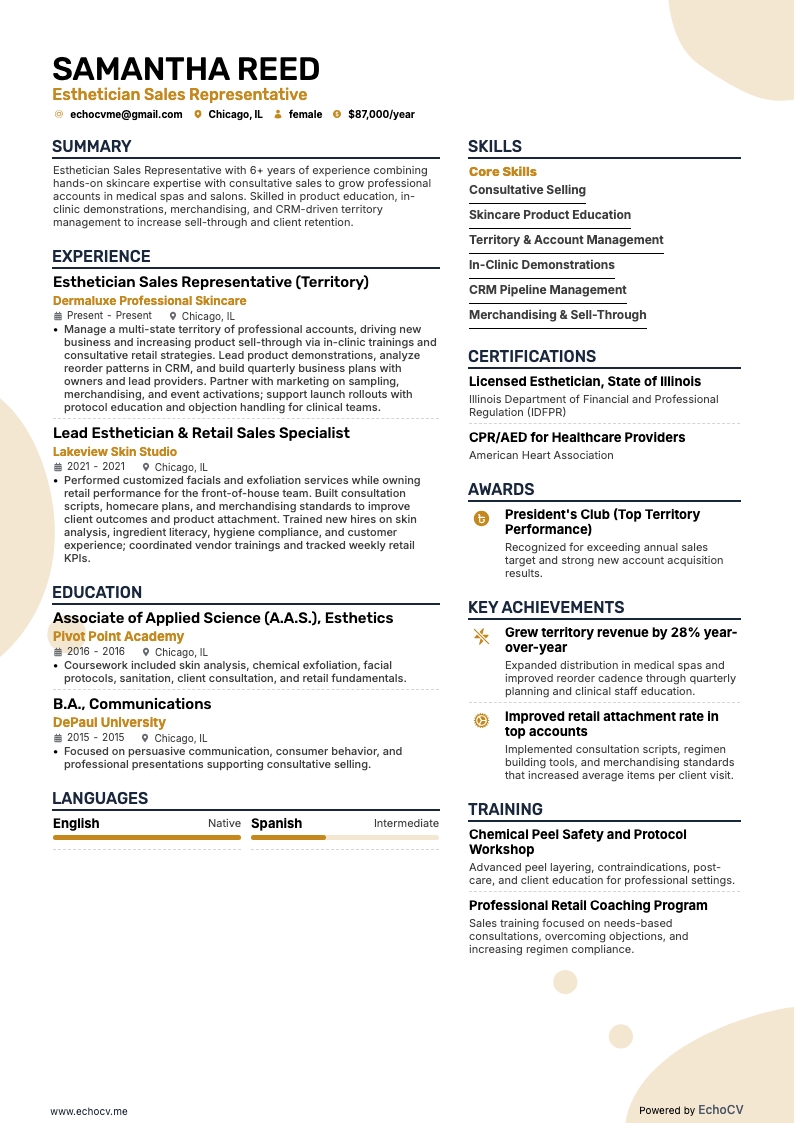 エステティシャン resume example