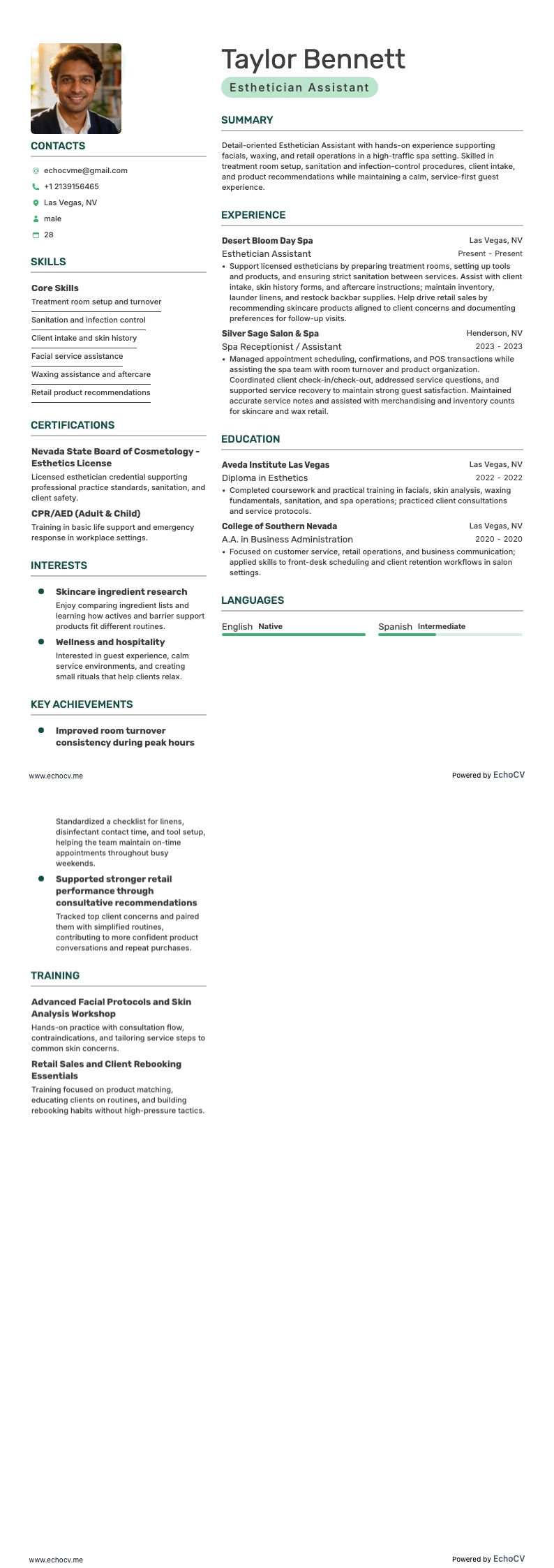 Esthetician Assistant example resume