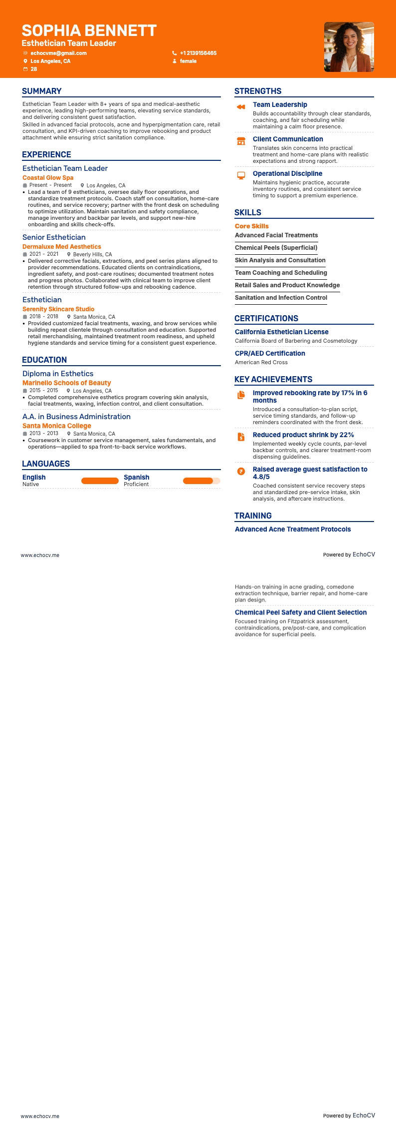 Esthetician Team Leader example resume