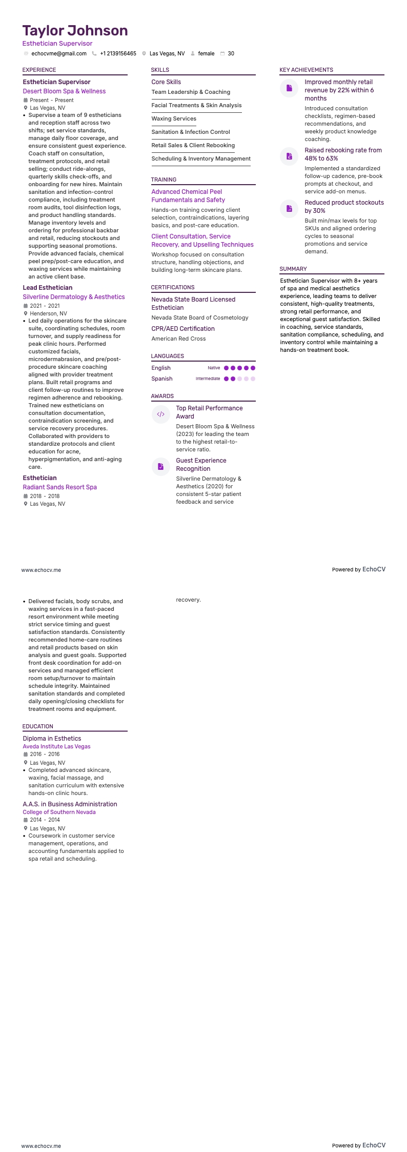 Esthetician Supervisor example resume
