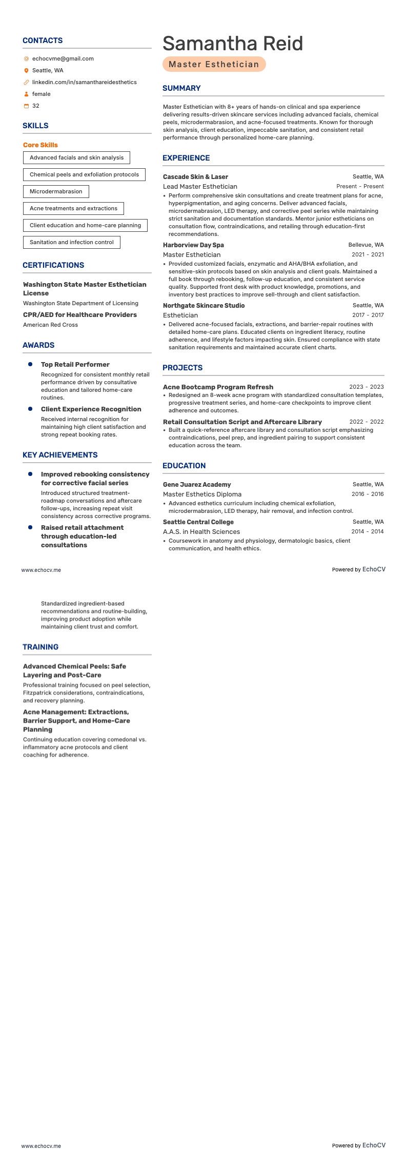 Master Esthetician example resume