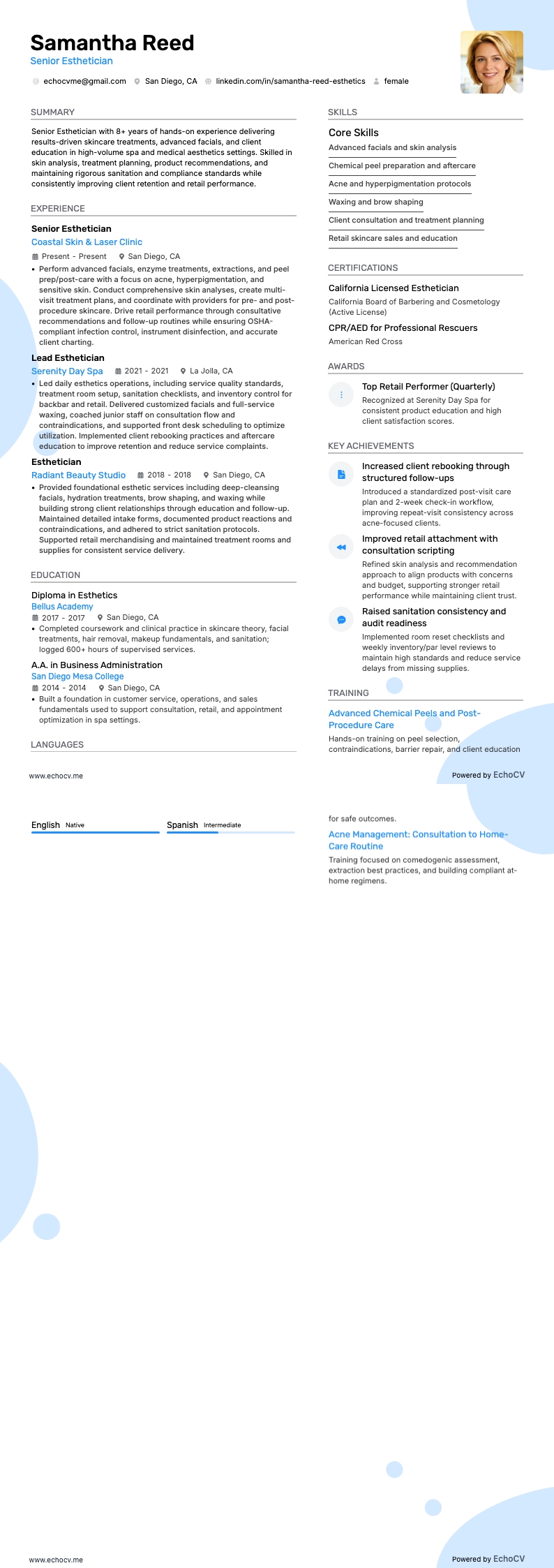 Estetista resume example