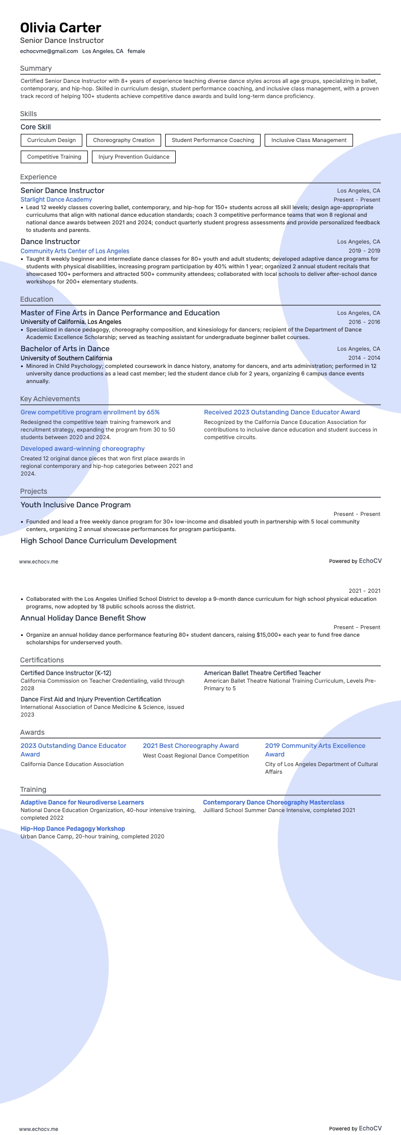 Danza resume example