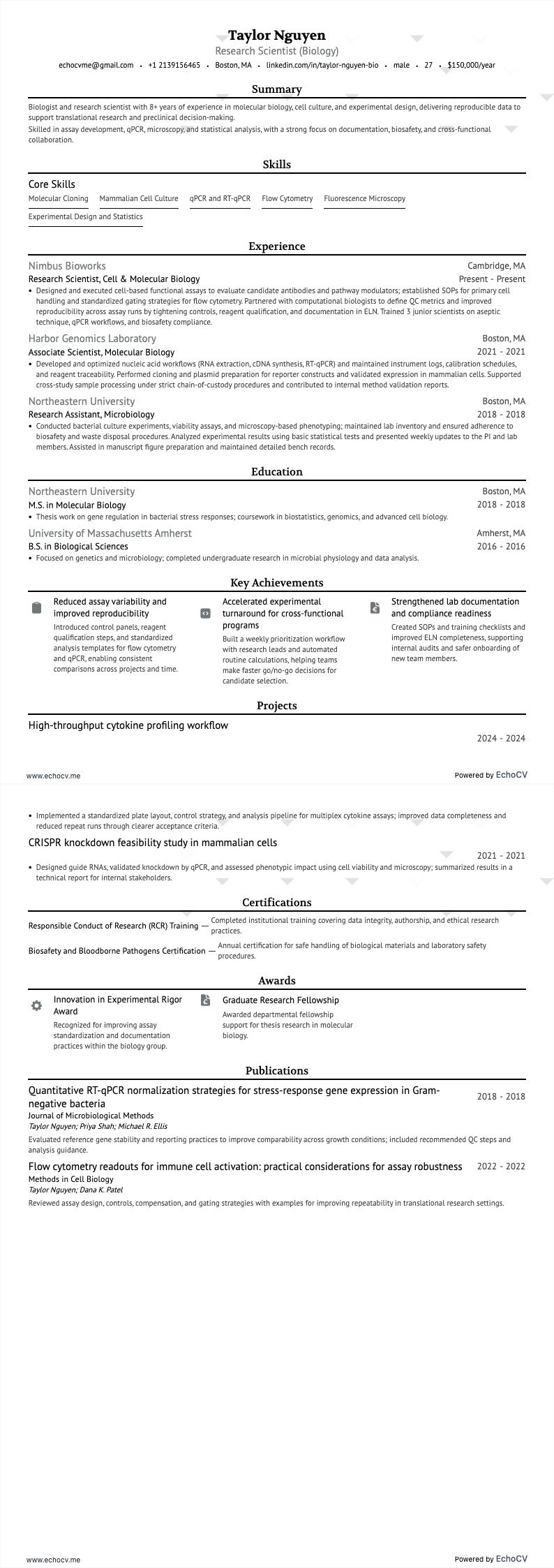 Biology example resume