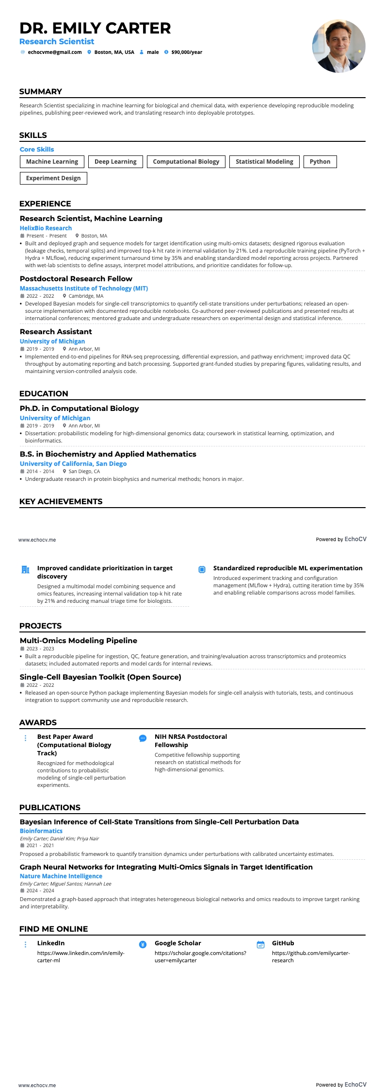 Research Scientist example resume
