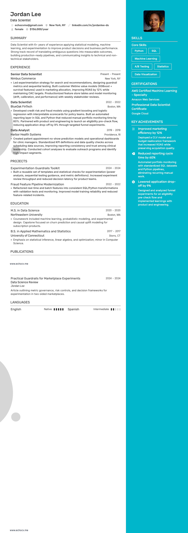 Data Scientist example resume