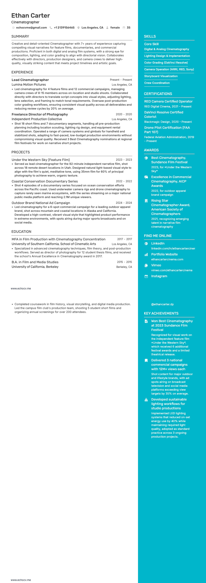 Cinematographer example resume