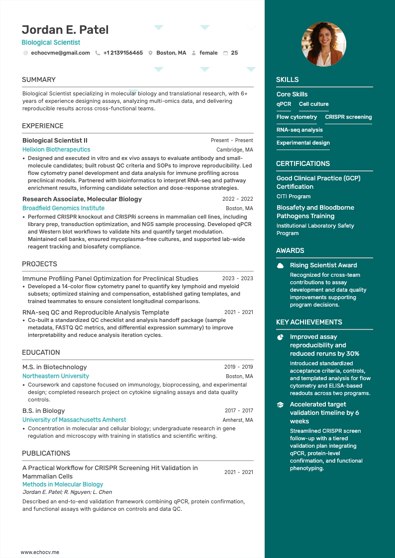 Biological Scientist example resume