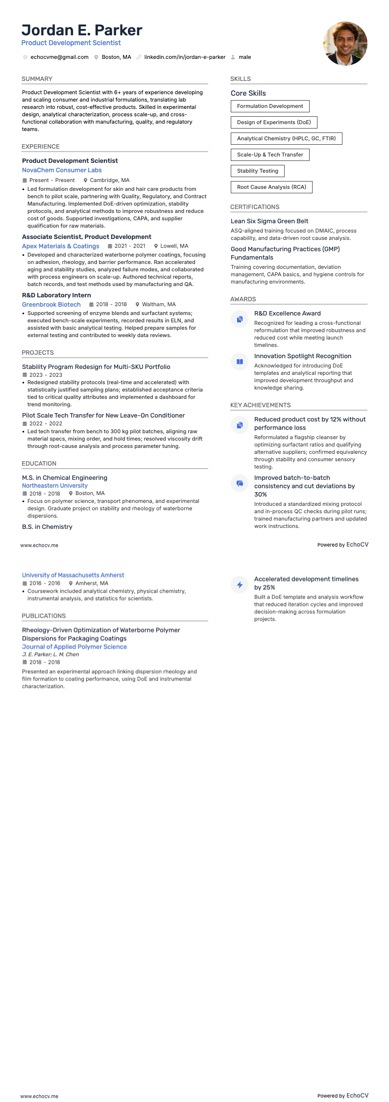 Product Development Scientist example resume