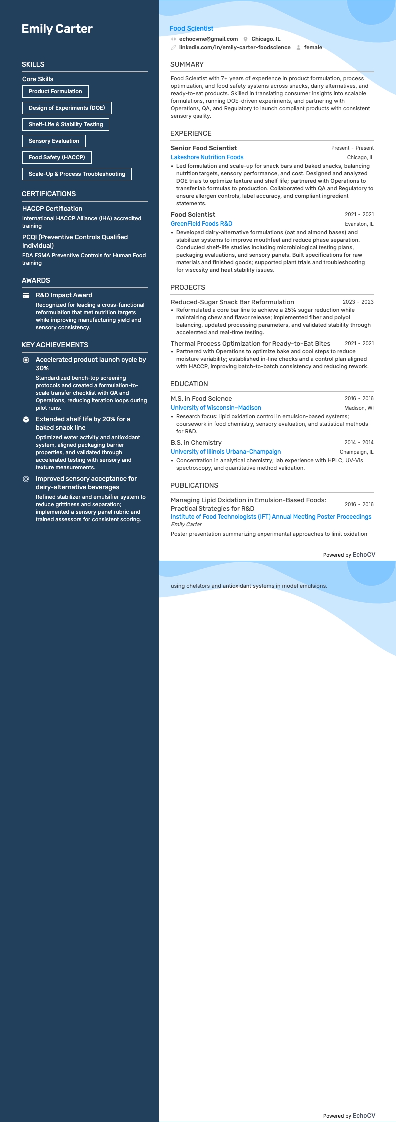 Food Scientist example resume