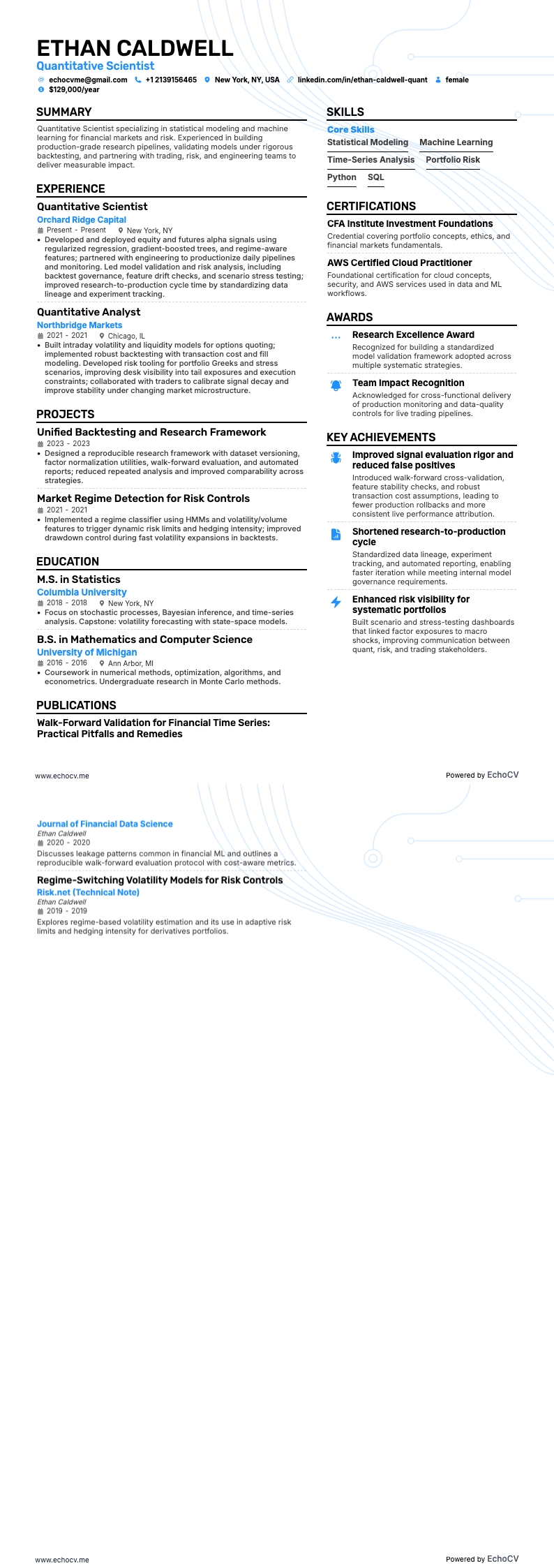 Quantitative Scientist example resume