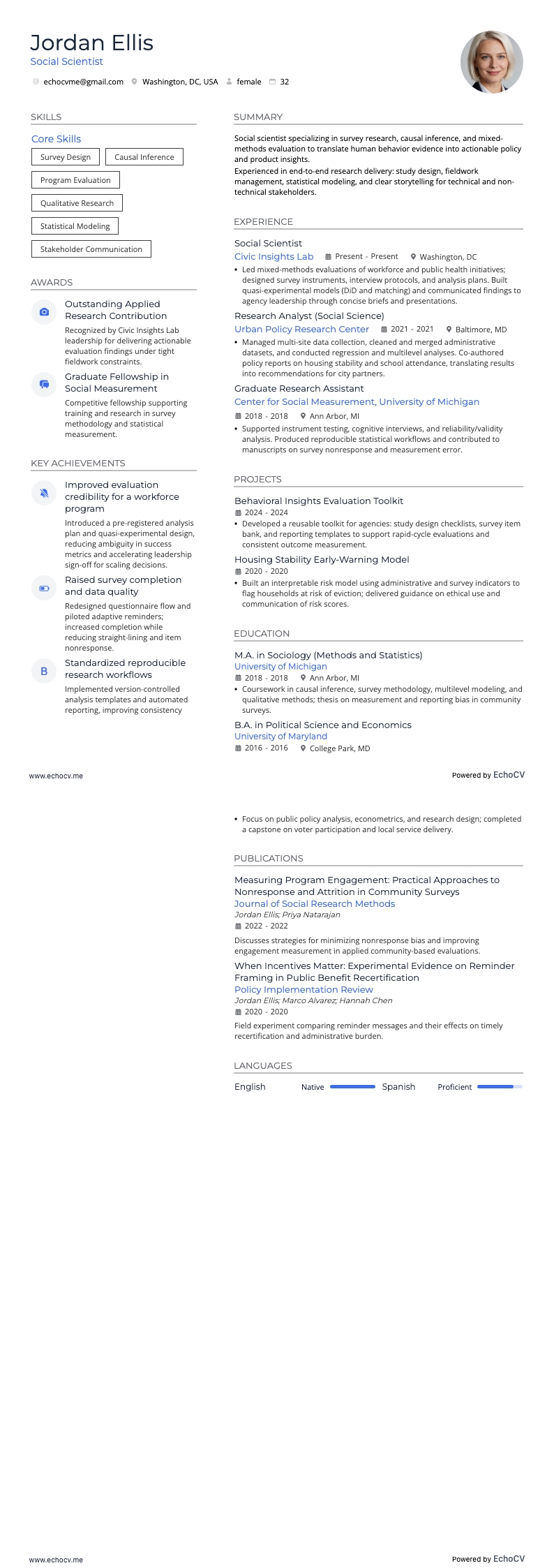 Social Scientist example resume