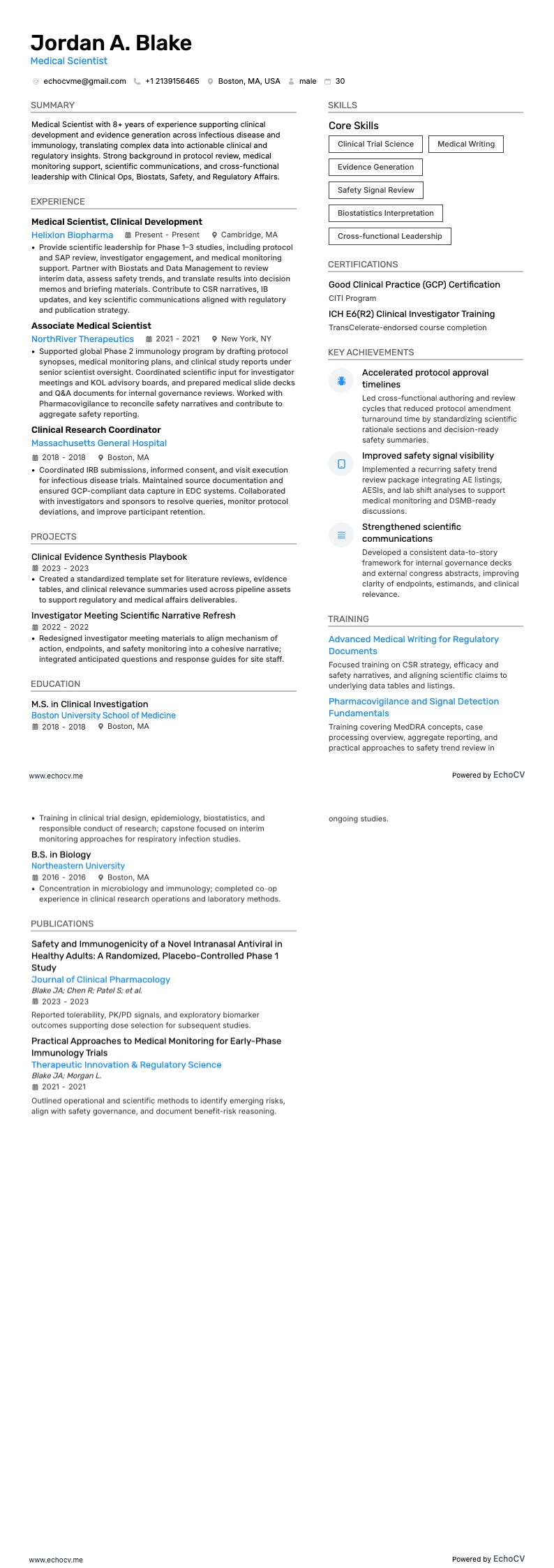 Medical Scientist example resume