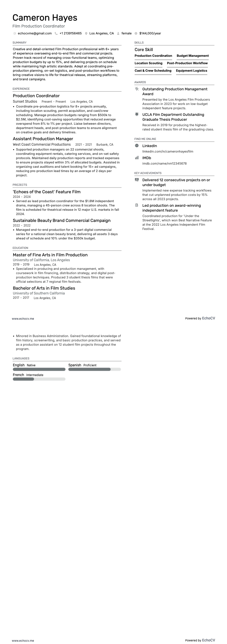 Film Production example resume