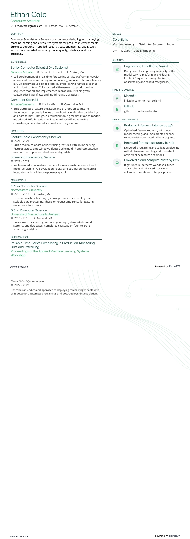 Computer Scientist example resume