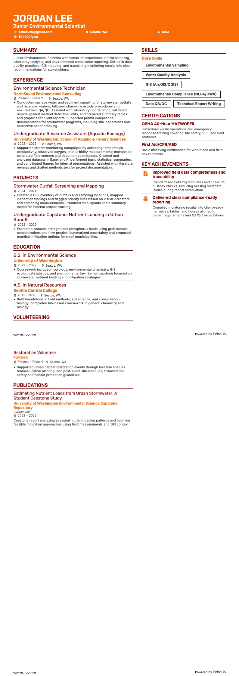 Junior Environmental Scientist example resume