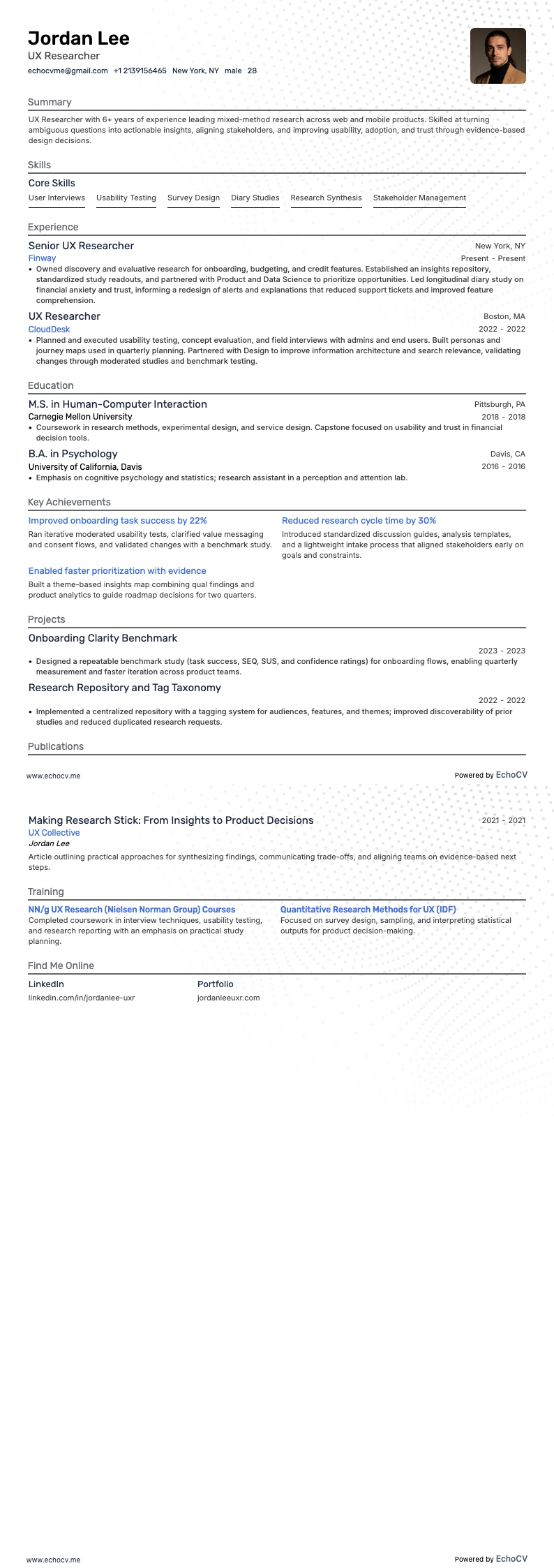 UX Researcher example resume
