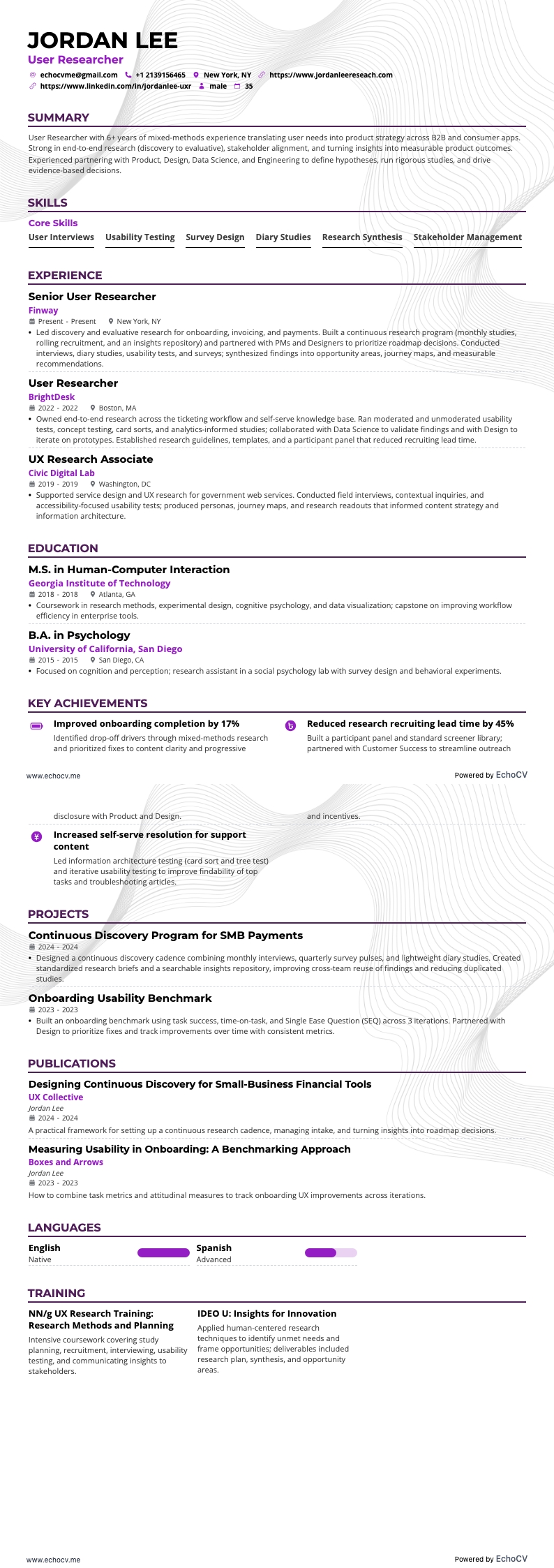 User Researcher example resume