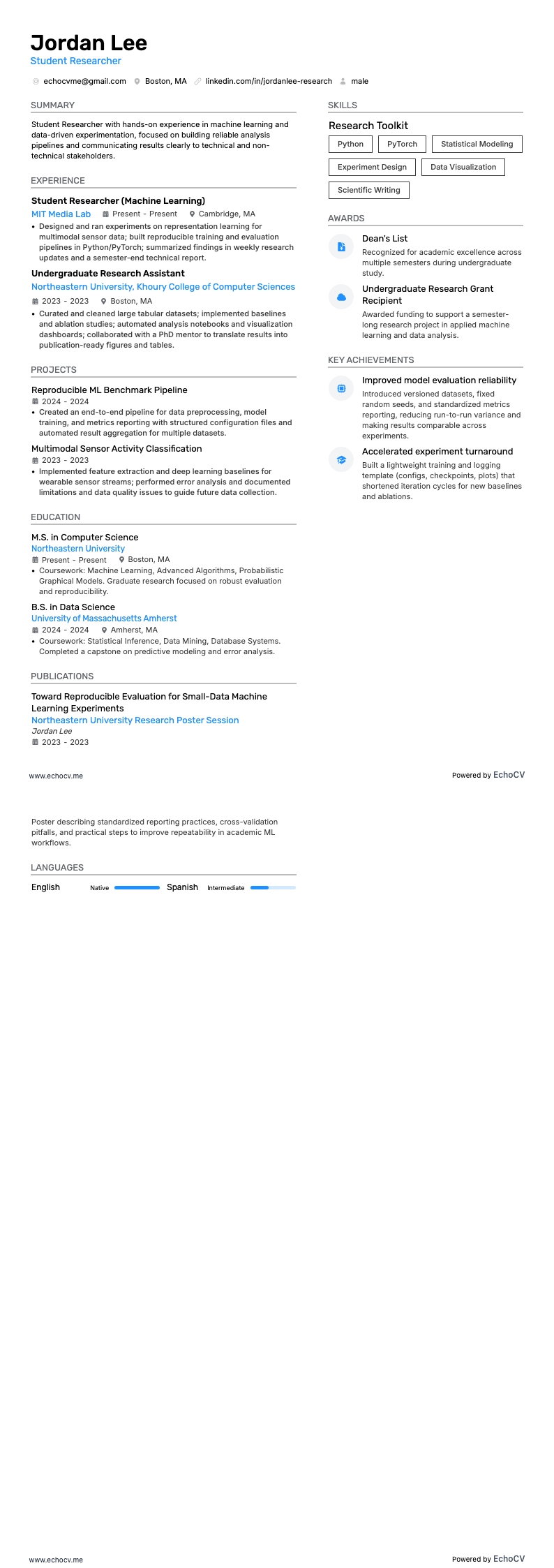 Student Researcher example resume