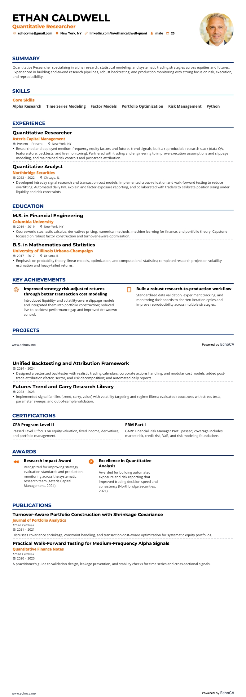 Quantitative Researcher example resume