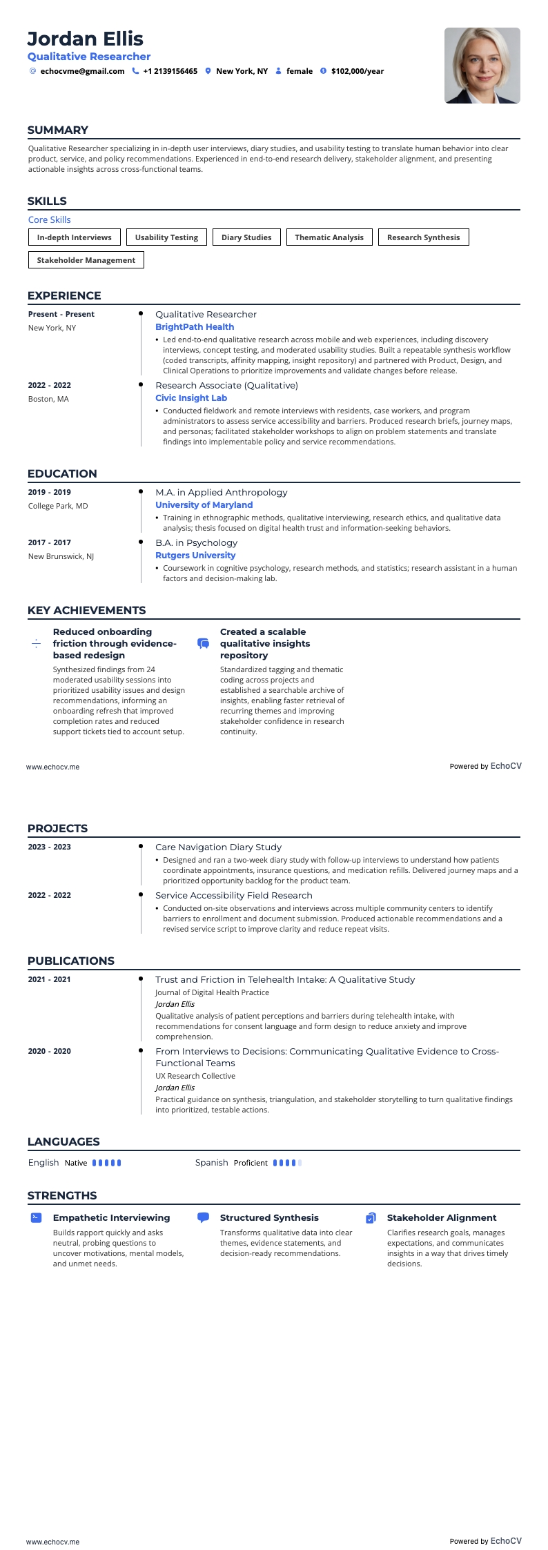 Qualitative Researcher example resume