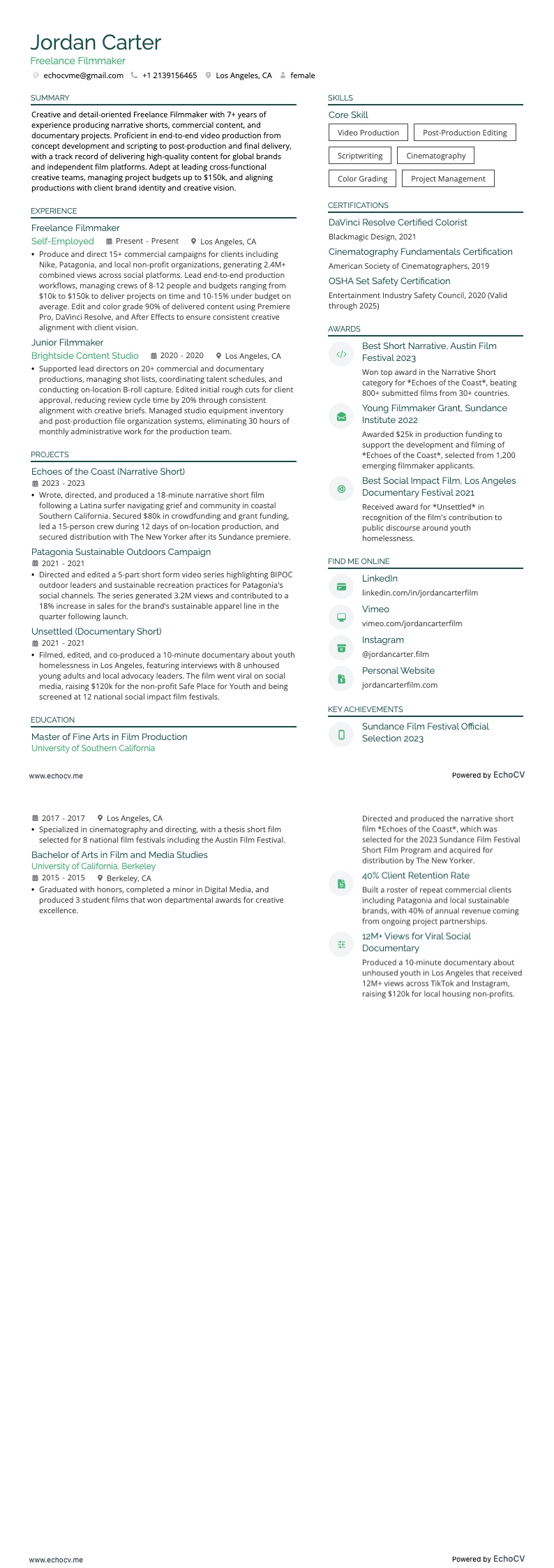 Freelance Filmmaker example resume