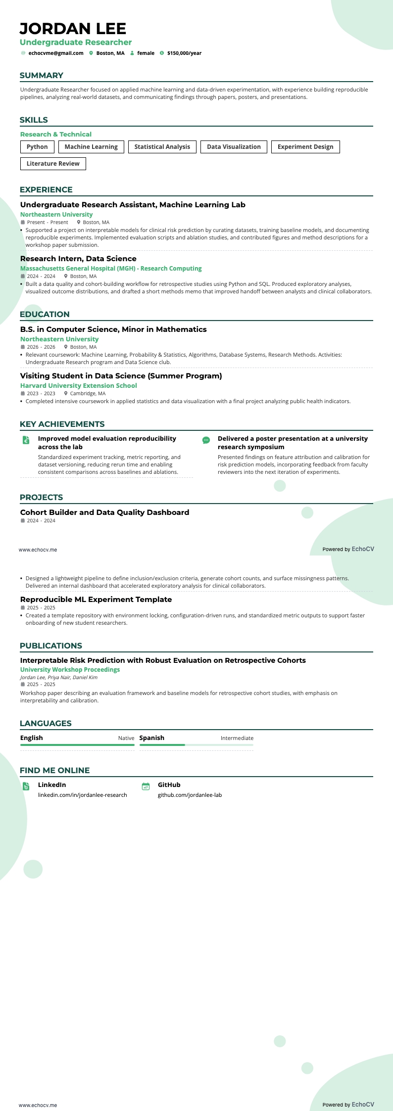 Undergraduate Researcher example resume