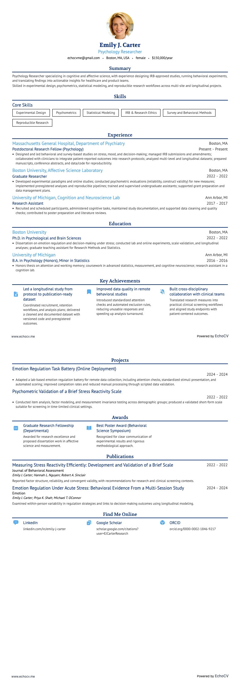 Psychology Researcher example resume