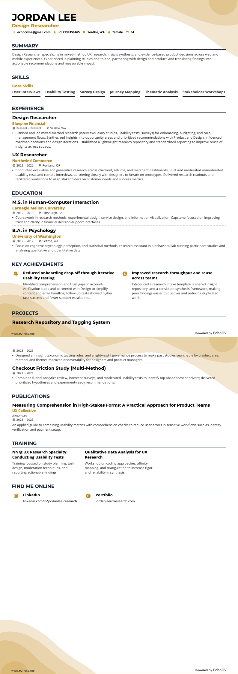 Design Researcher example resume