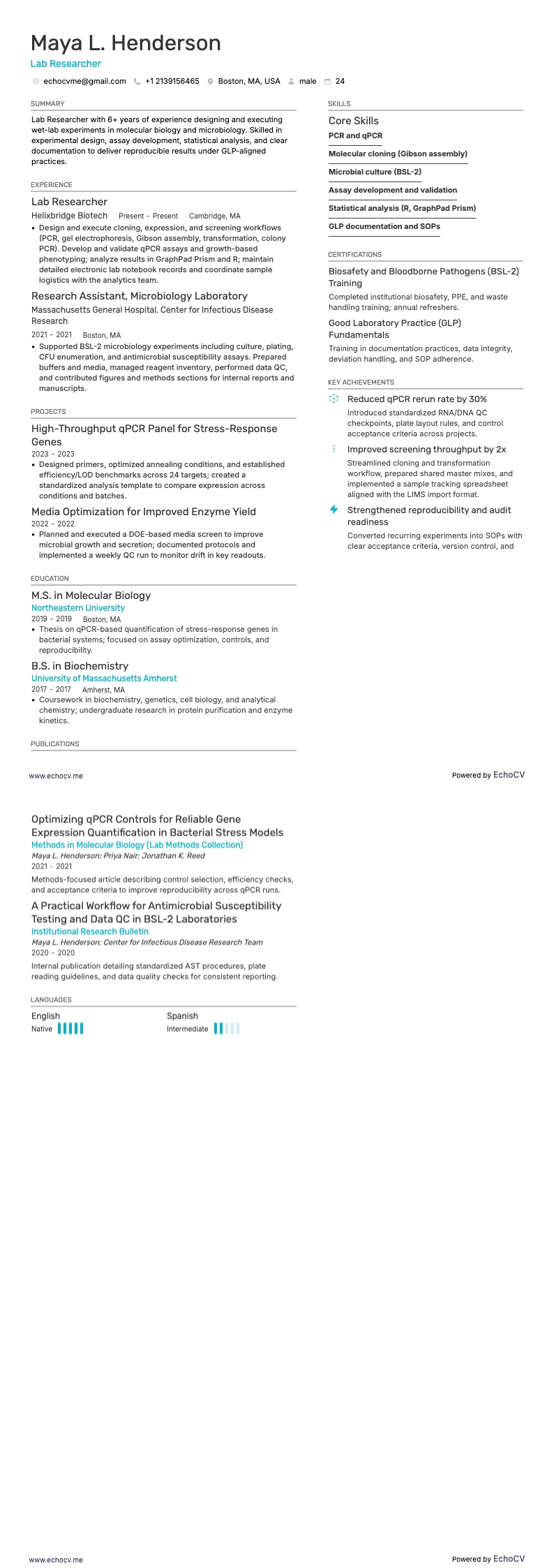 Lab Researcher example resume