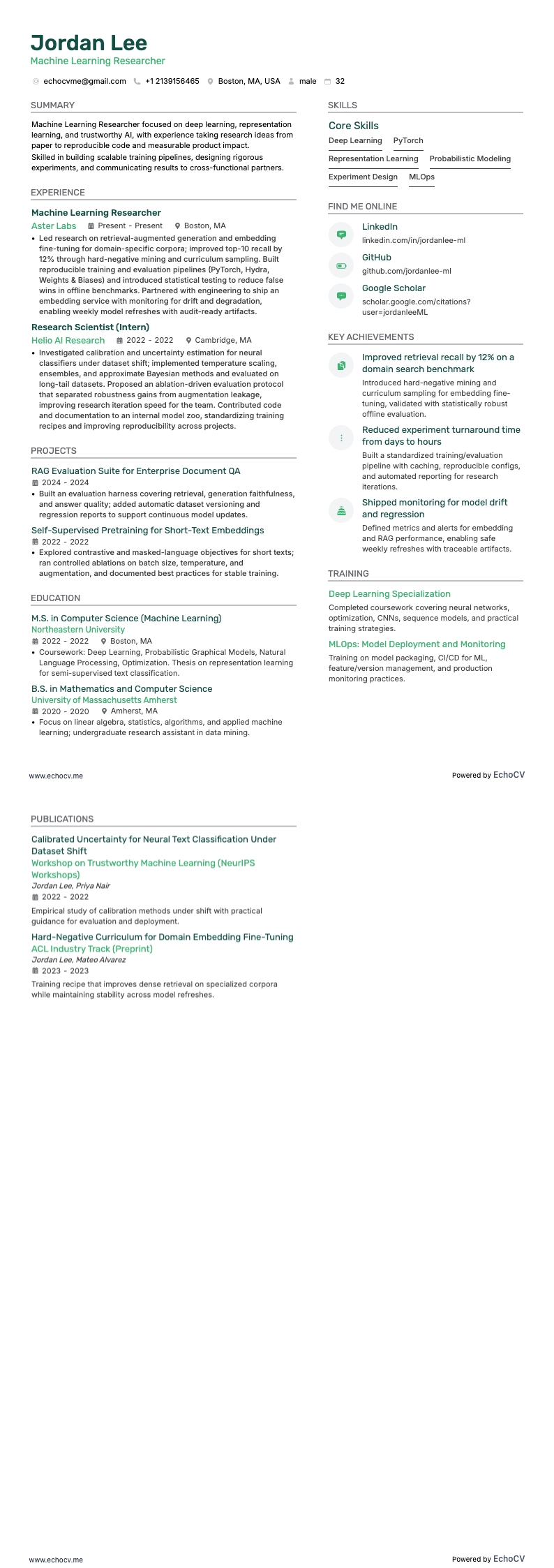 Machine Learning Researcher example resume