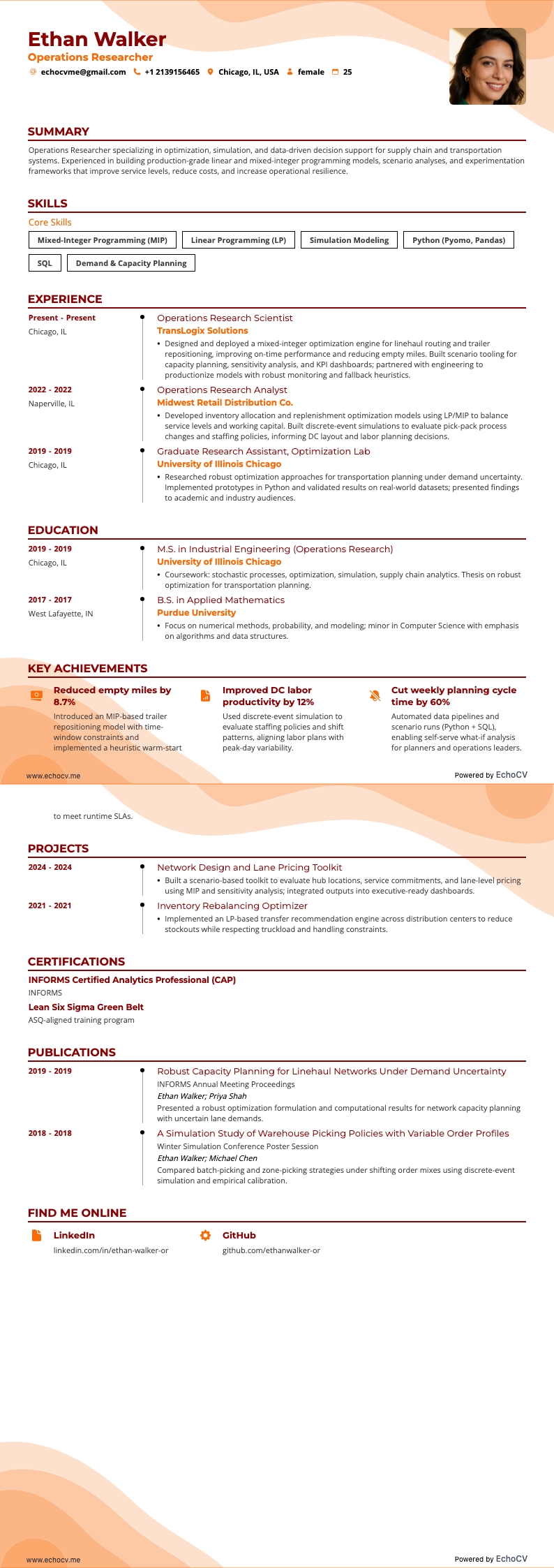 Operations Researcher example resume