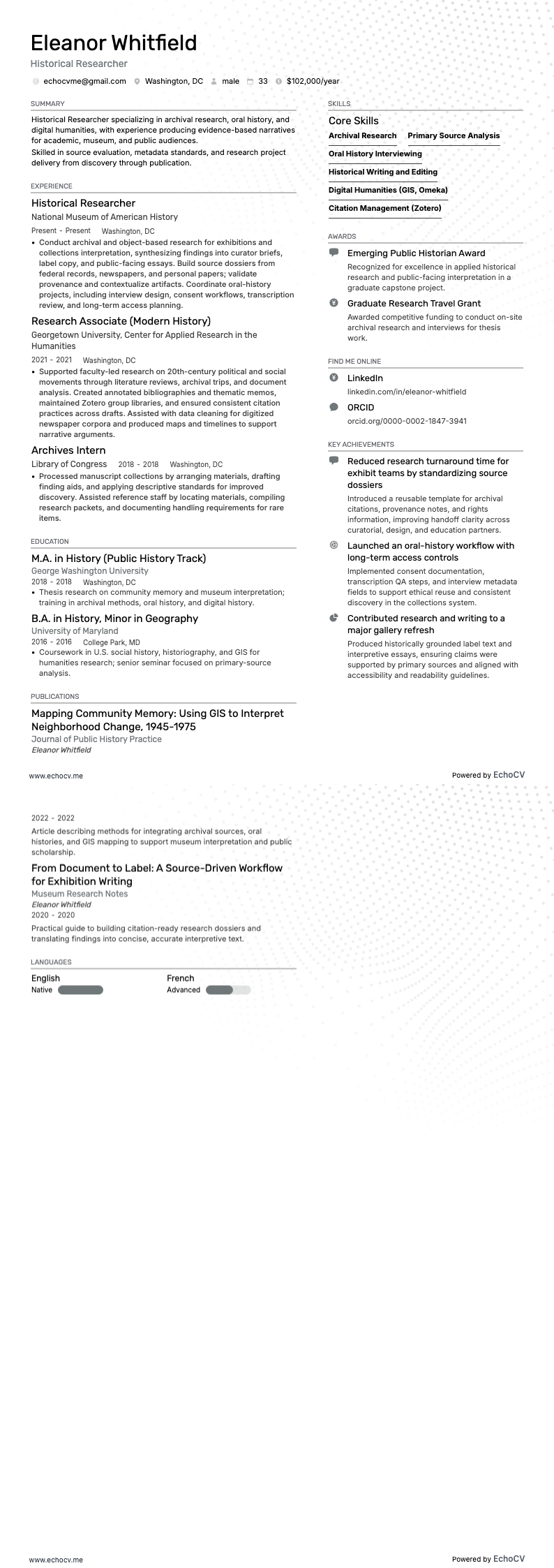 Historical Researcher example resume