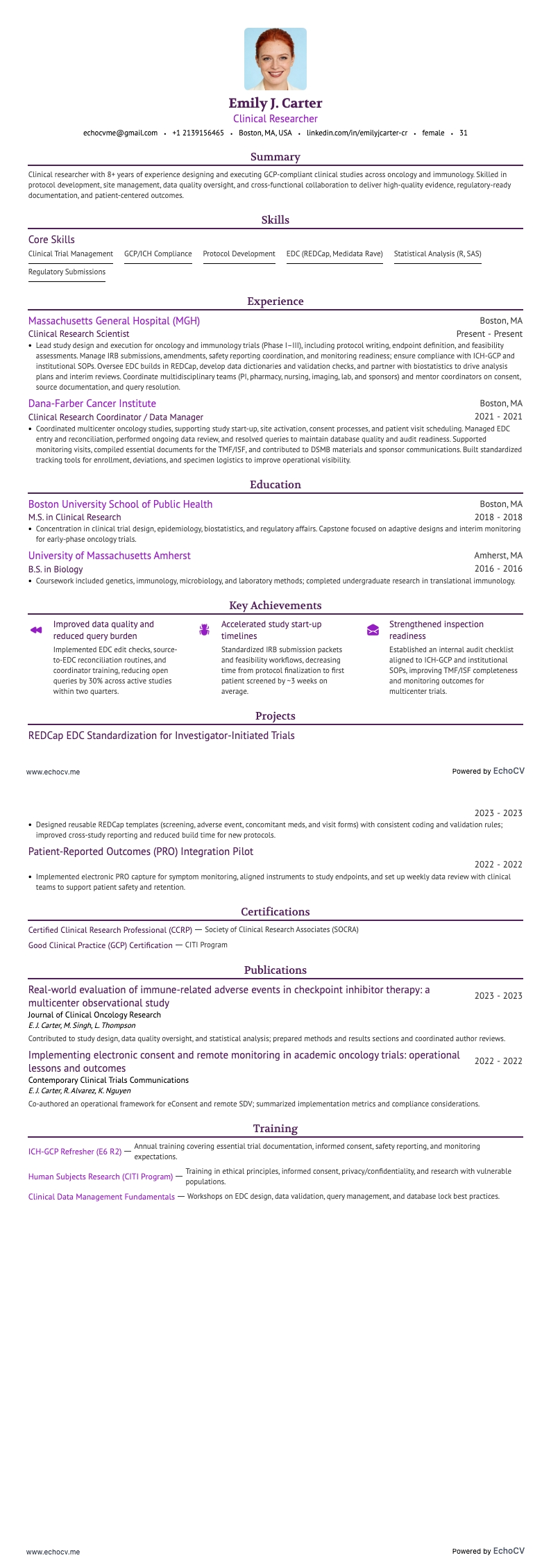 Clinical Researcher example resume