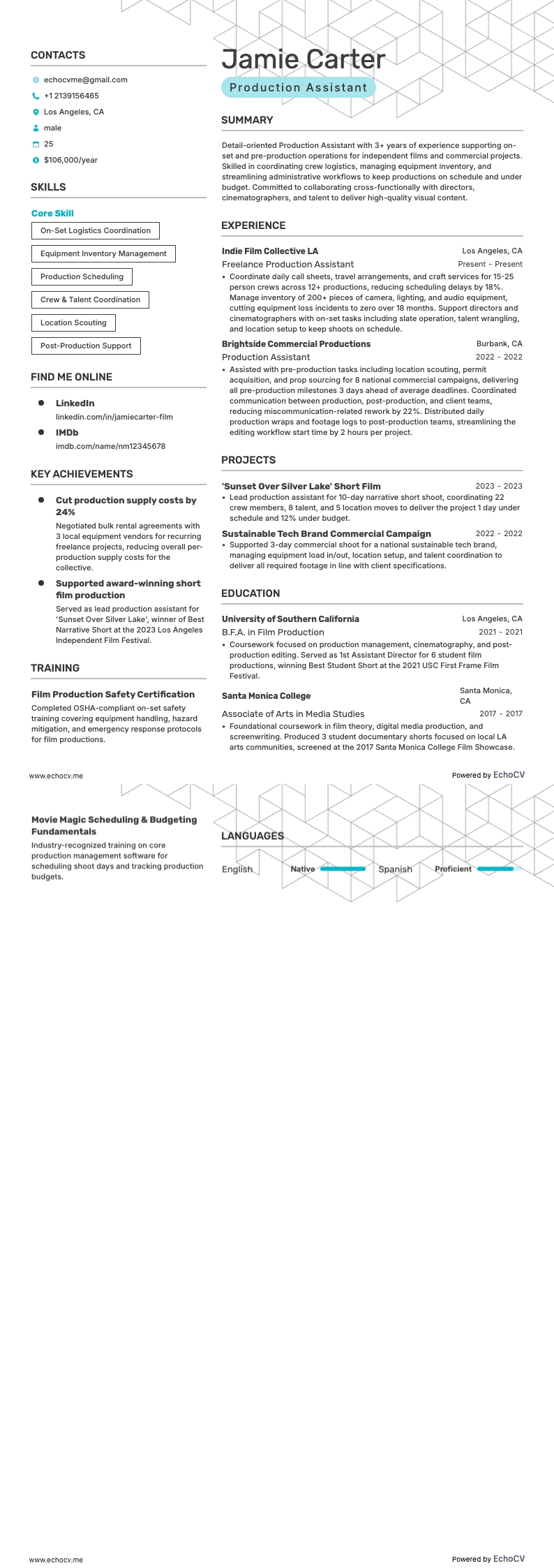 Production Assistant example resume