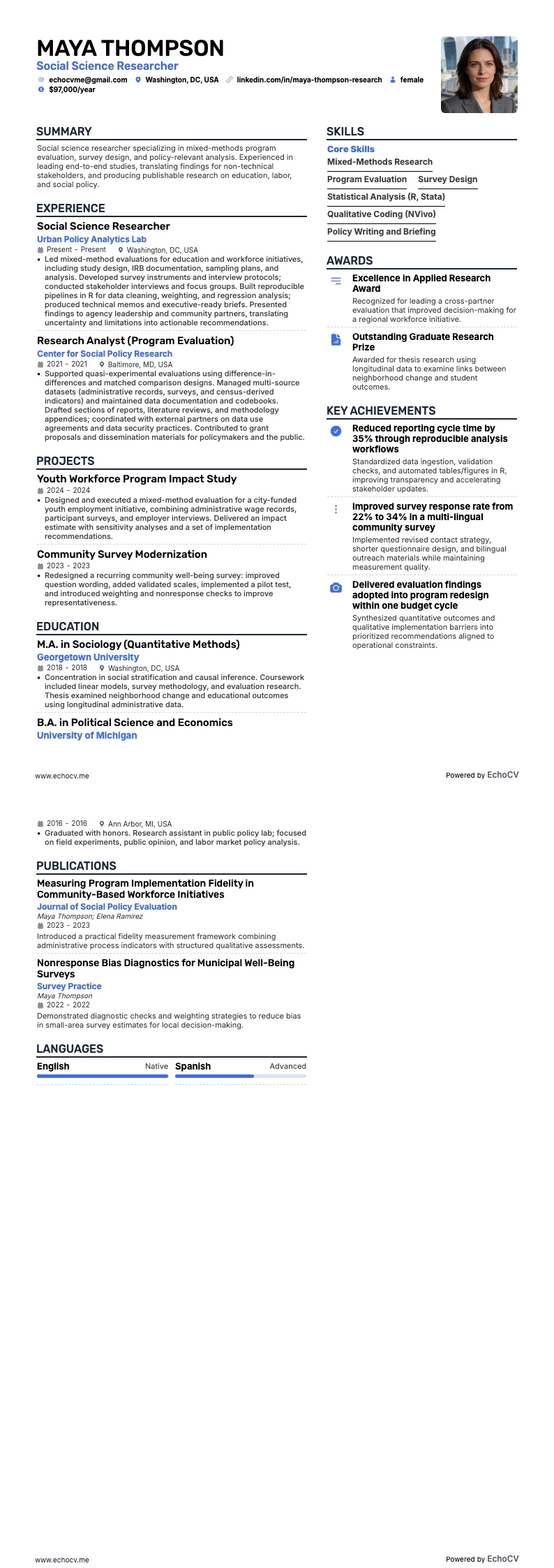 Social Science Researcher example resume