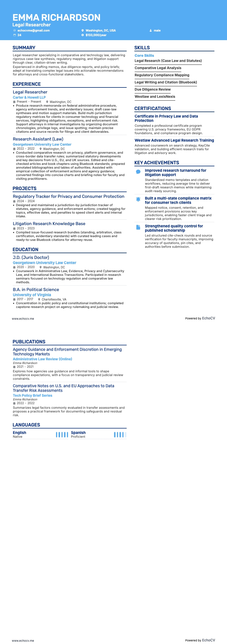 Legal Researcher example resume