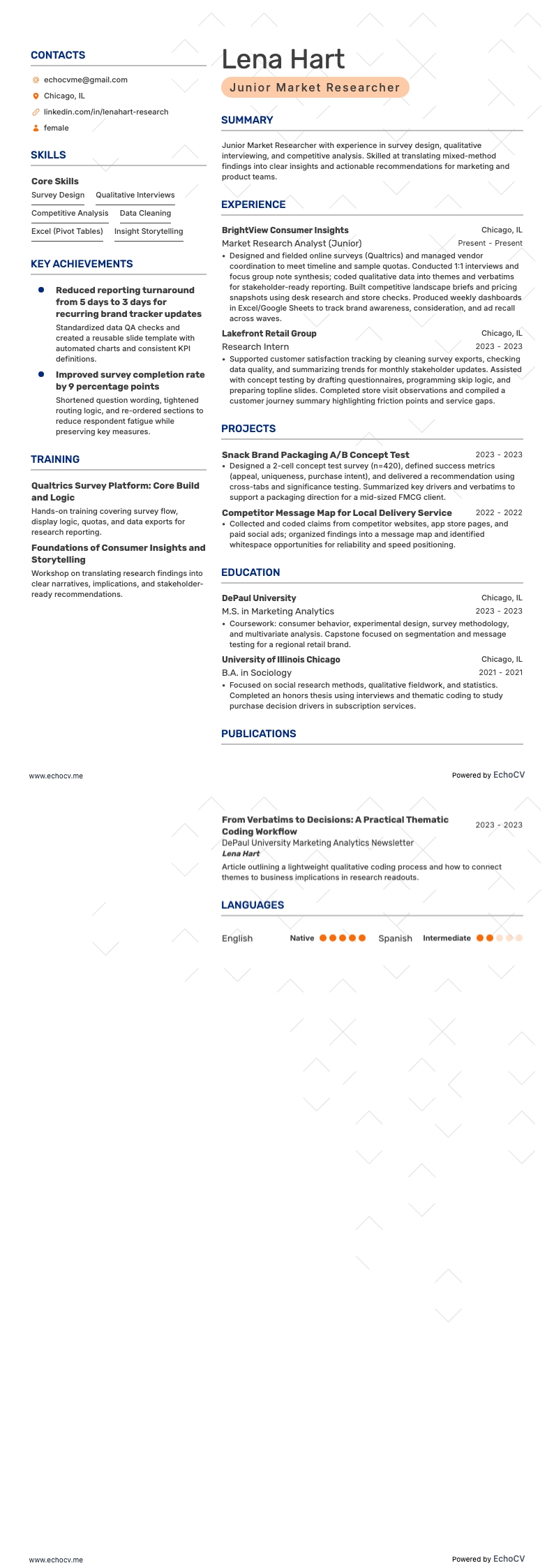 Junior Market Researcher example resume