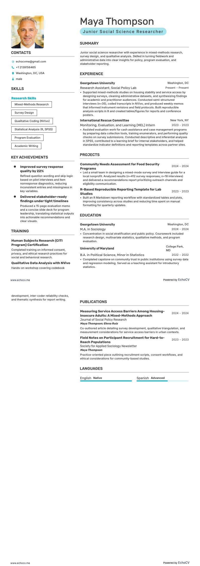 Junior Social Science Researcher example resume