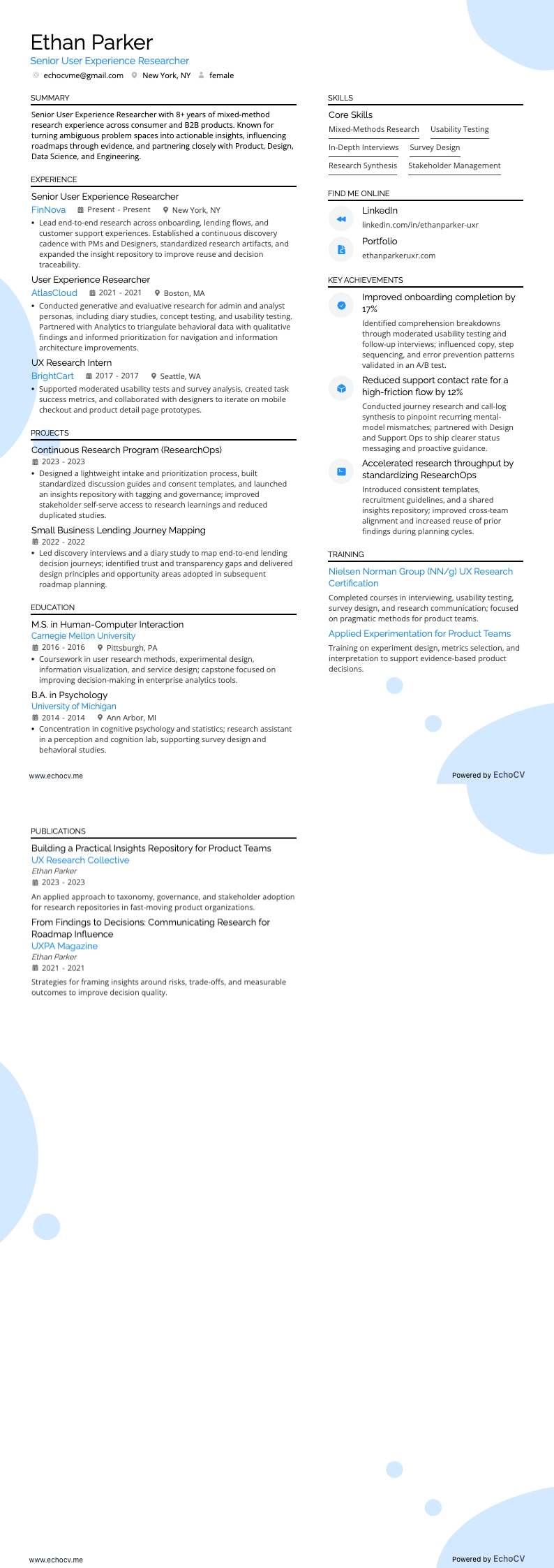 Senior User Experience Researcher example resume